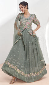 Exclusive designer Gray pure georgette dress with deatiled embroidery and work with premium net and lace duppatta